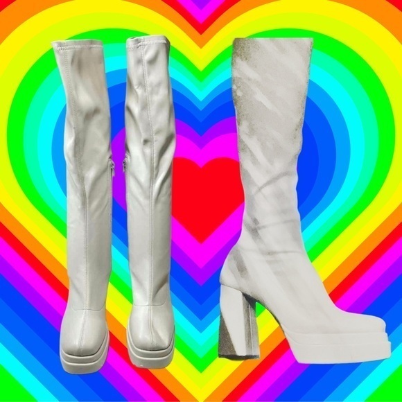 Qupid Woman’s Platform White Chunky Heeled Boots 🔥EUC🔥 Sz 10 - Picture 2 of 8